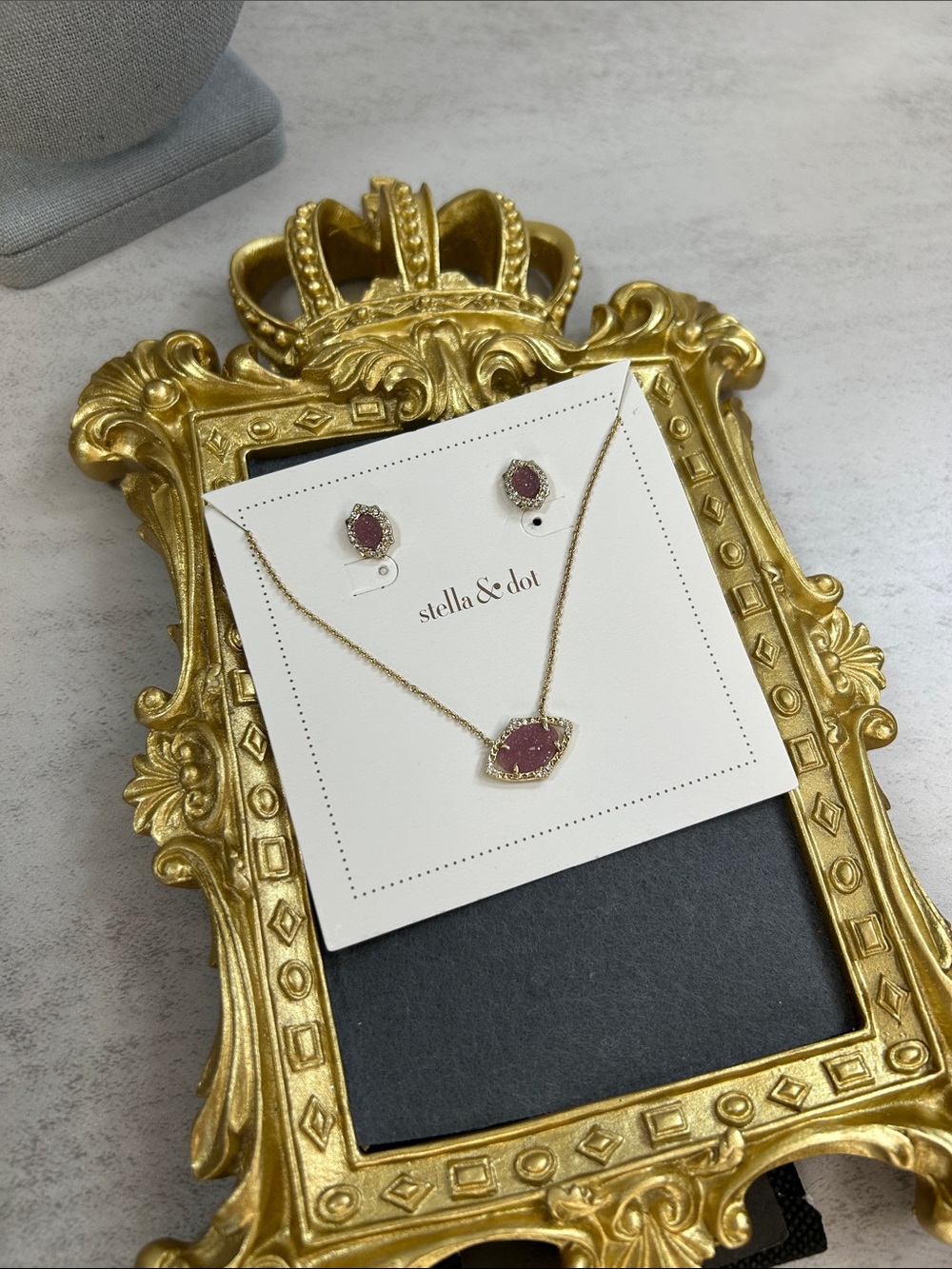 Stella & Dot Gold Necklace and Earrings with Deep Pink Stones